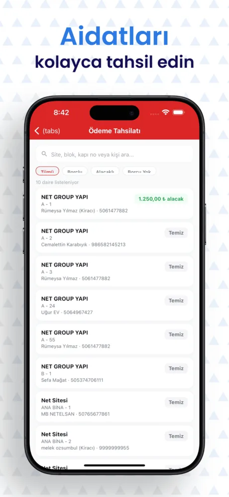 Net Yönetim Yönetici uygulaması — daire bazlı aidat tahsilatı ekranı
